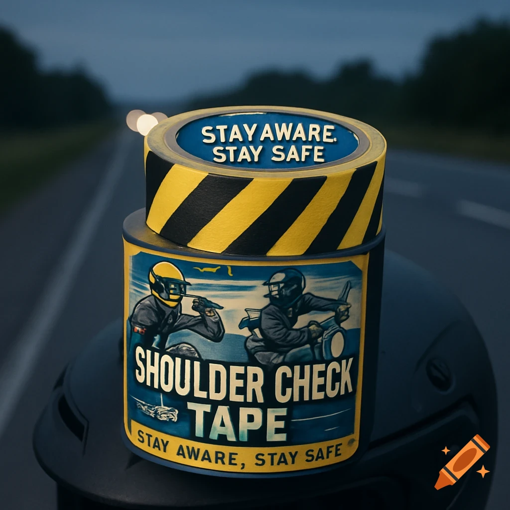 A roll of yellow and black warning tape labeled 'SHOULDER CHECK TAPE' and 'STAY AWARE, STAY SAFE' sitting on a motorcycle helmet on a road at dusk.