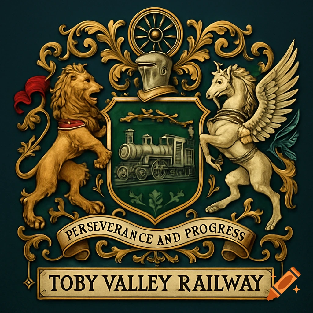 Ornate coat of arms with a lion and winged horse flanking a shield featuring a train, gold filigree, and text banners.