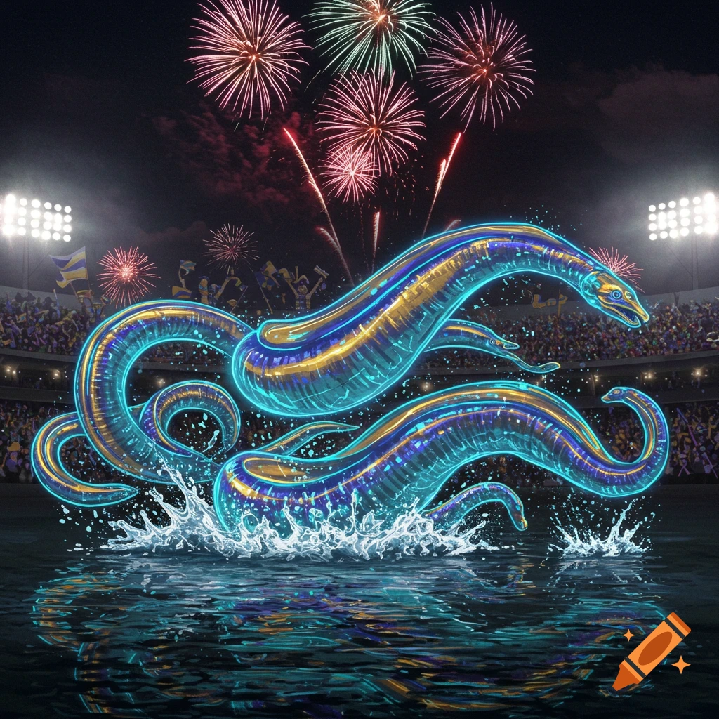 A glowing, translucent blue and gold eel-like creature leaps from water in a stadium at night, with fireworks exploding above and a cheering crowd in the background.