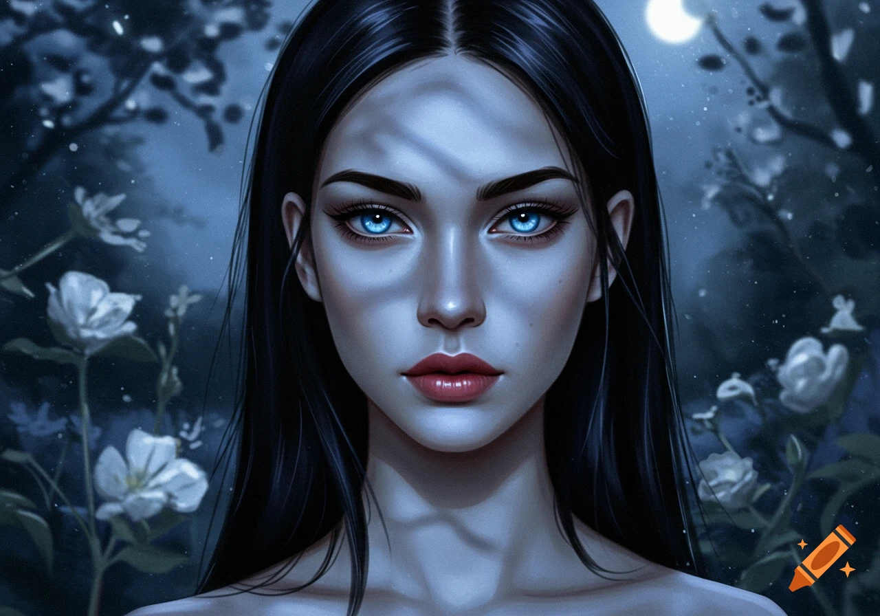 A close-up digital illustration of a young woman with long black hair, striking blue eyes, and pale skin, set against a dark, mystical forest background with a moon and white flowers.
