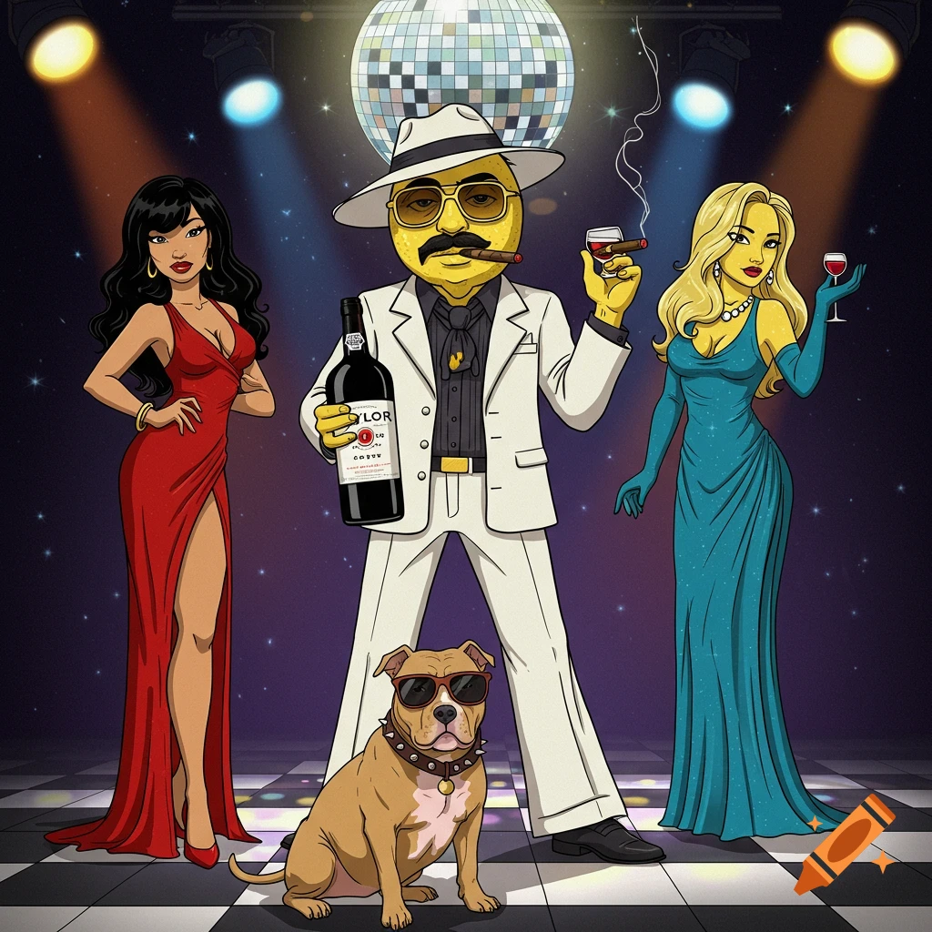 A cartoon lemon man in a white suit with two lemon women in red and blue dresses, and a pitbull, on a disco dance floor with a disco ball above.