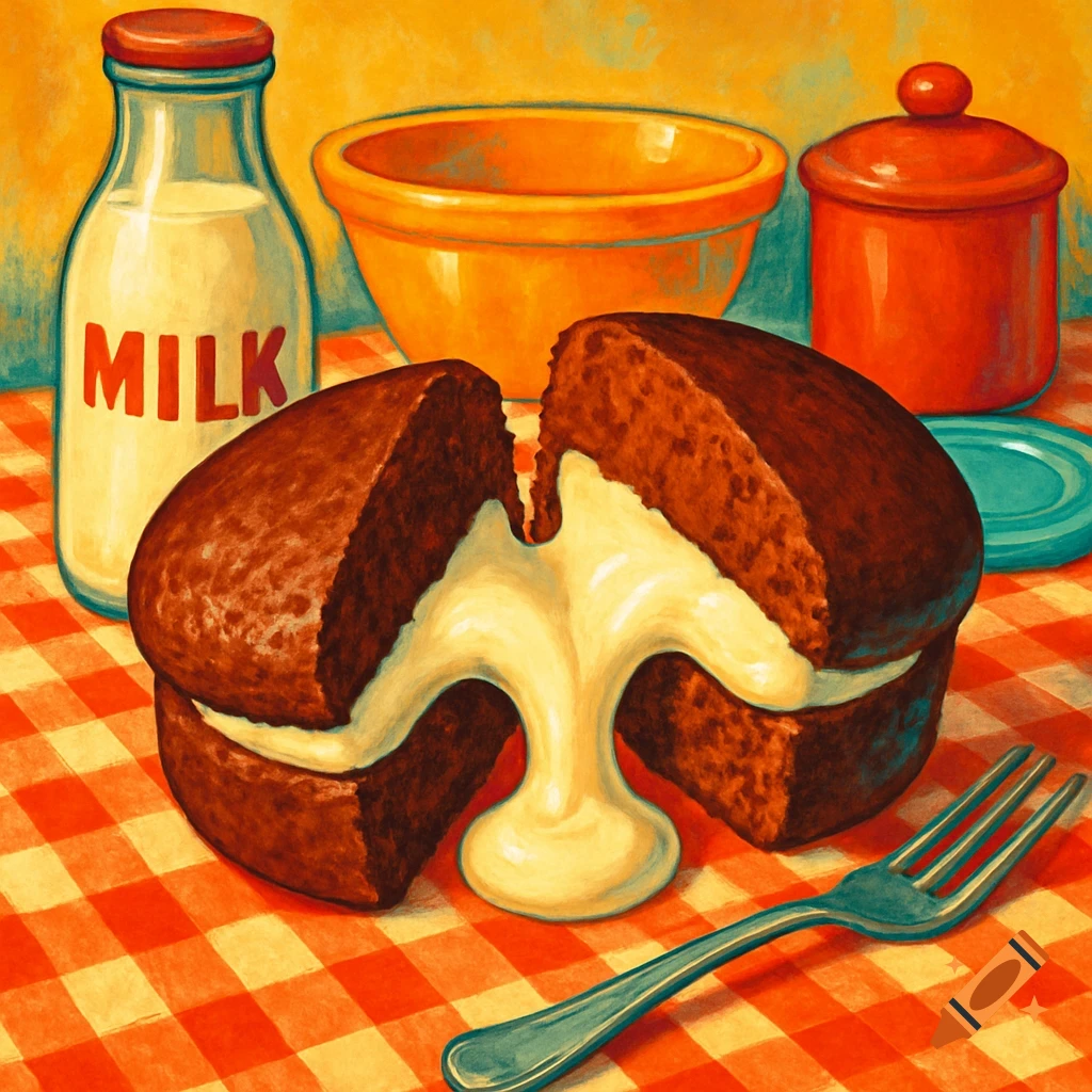 A vintage-style painting of a chocolate snack cake split open, oozing cream filling, next to a milk bottle on a red checkered tablecloth.