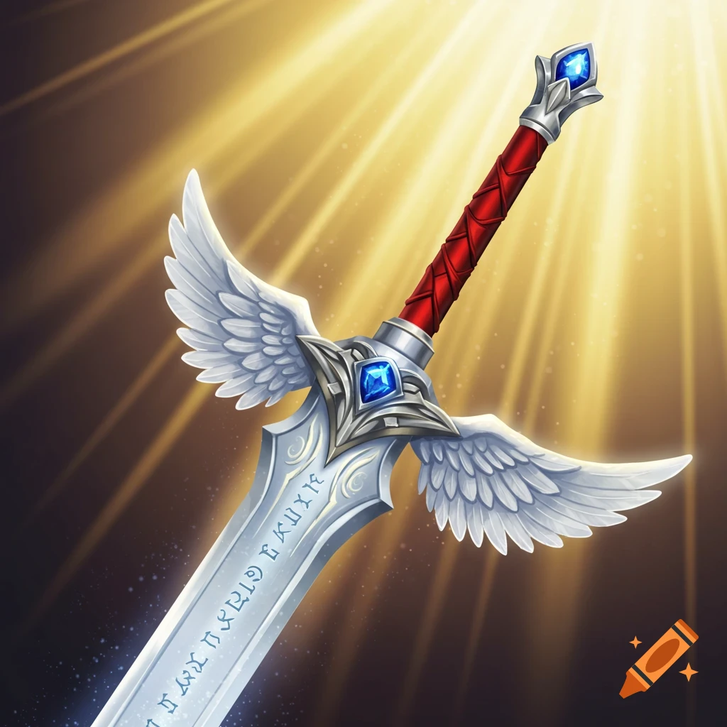 A shining fantasy greatsword with a red hilt, white wings, and blue gems, bathed in golden light.
