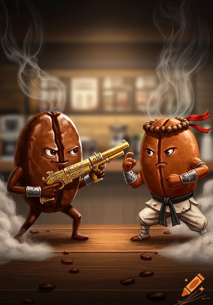 Cartoon coffee bean with a golden gun confronts a martial artist coffee bean in a coffee shop.