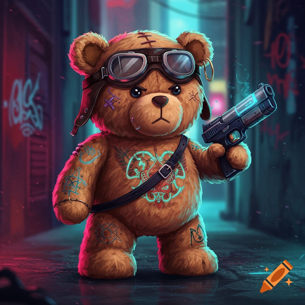 A brown teddy bear with goggles, a pilot hat, and glowing tattoos holds a gun in a neon-lit urban alley.