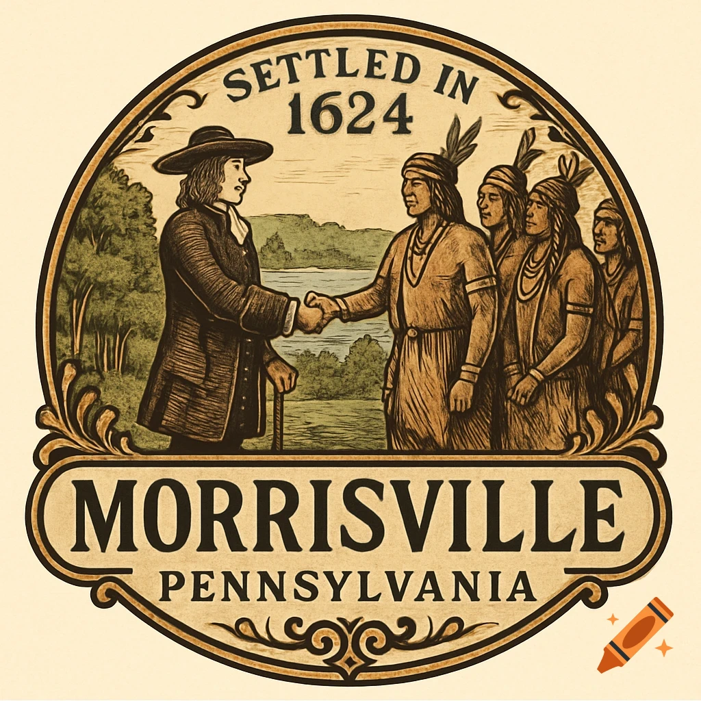 A vintage woodcut-style illustration logo for Morrisville Pennsylvania, showing William Penn shaking hands with Native Americans, with text 'Settled in 1624'.
