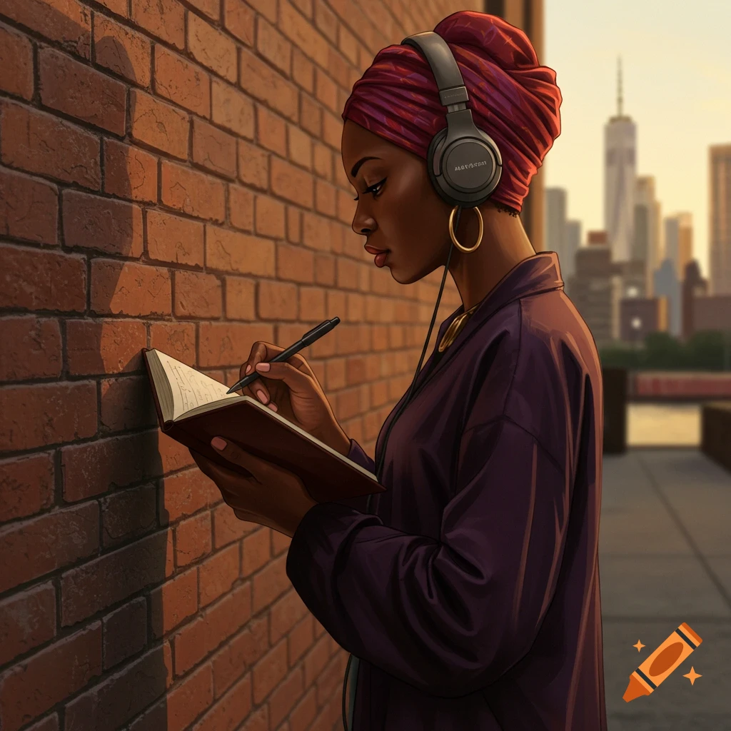 Illustrative portrait of a dark-skinned woman in a red turban and headphones writing in a notebook against a brick wall in a city.