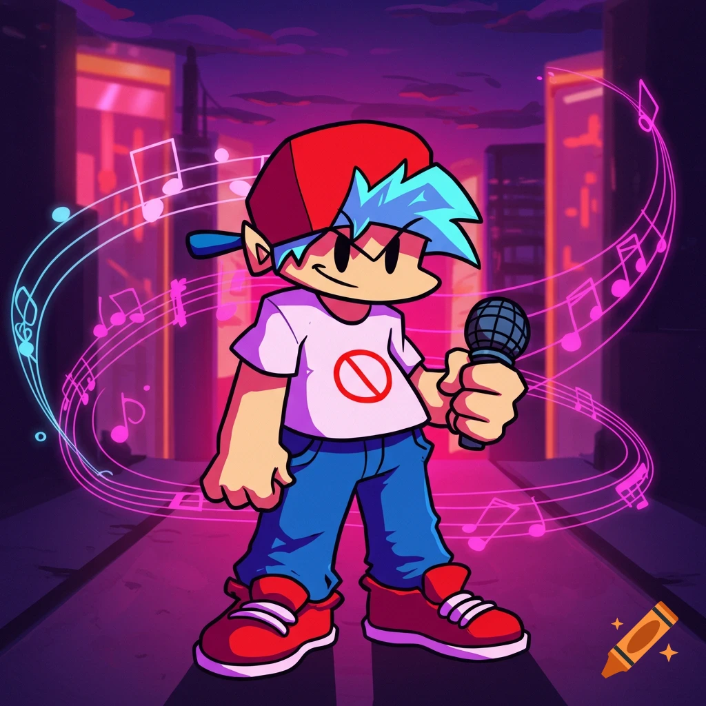 Cartoon character Boyfriend from FNF with a microphone and musical notes on a neon city street.