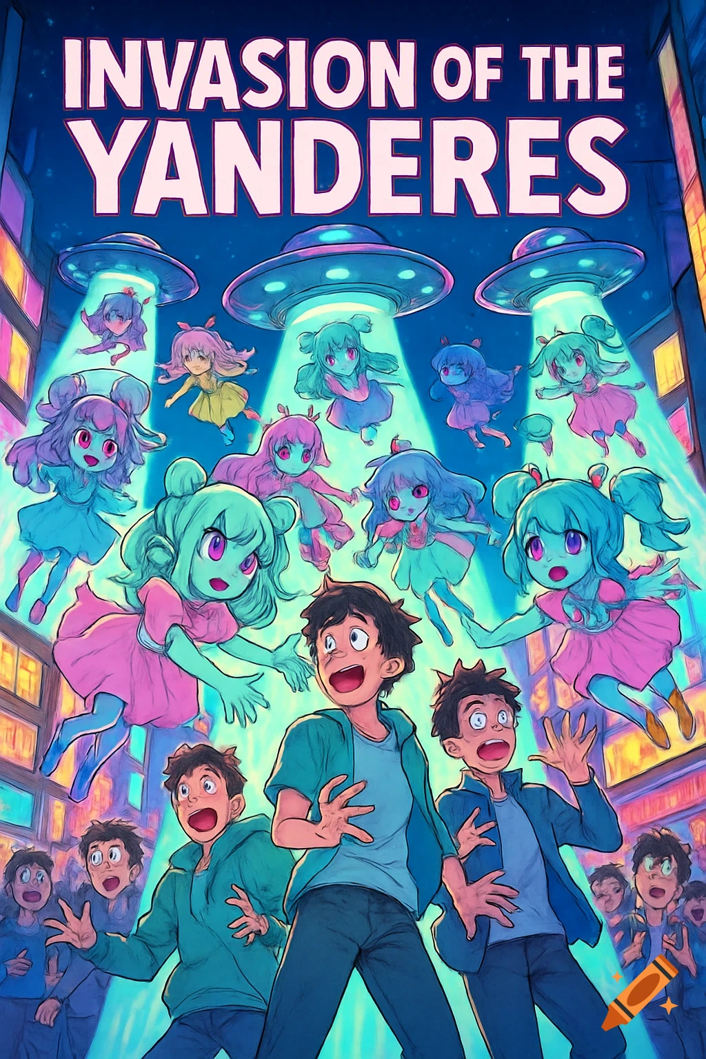 Anime style poster with 'INVASION OF THE YANDERES' title, showing UFOs beaming down colorful anime girls towards terrified young men in a city.