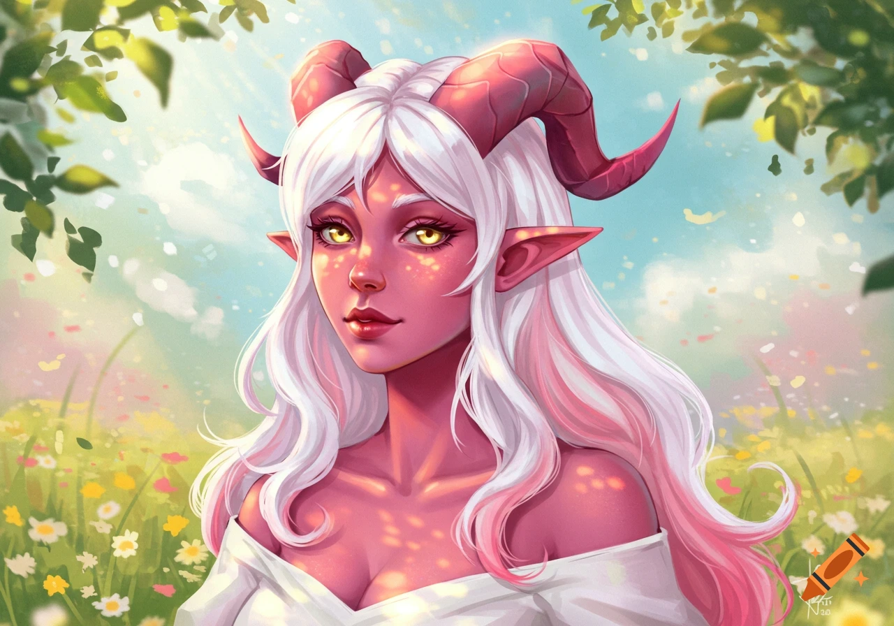 A vibrant fantasy illustration of a tiefling woman with pink skin, white and pink hair, and yellow eyes, standing in a sunny meadow.