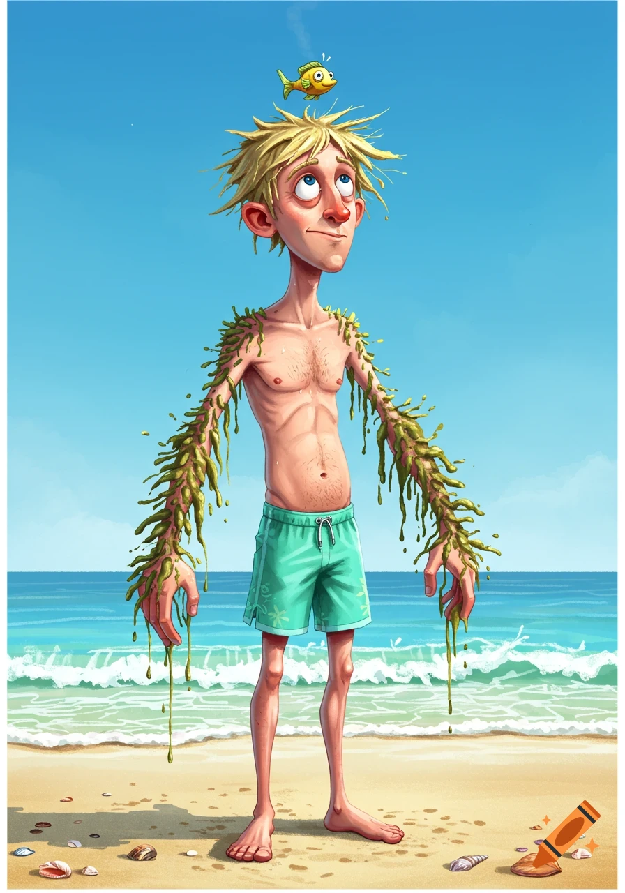 Cartoon illustration of a skinny man on a beach, covered in seaweed, with a small yellow fish on his head.