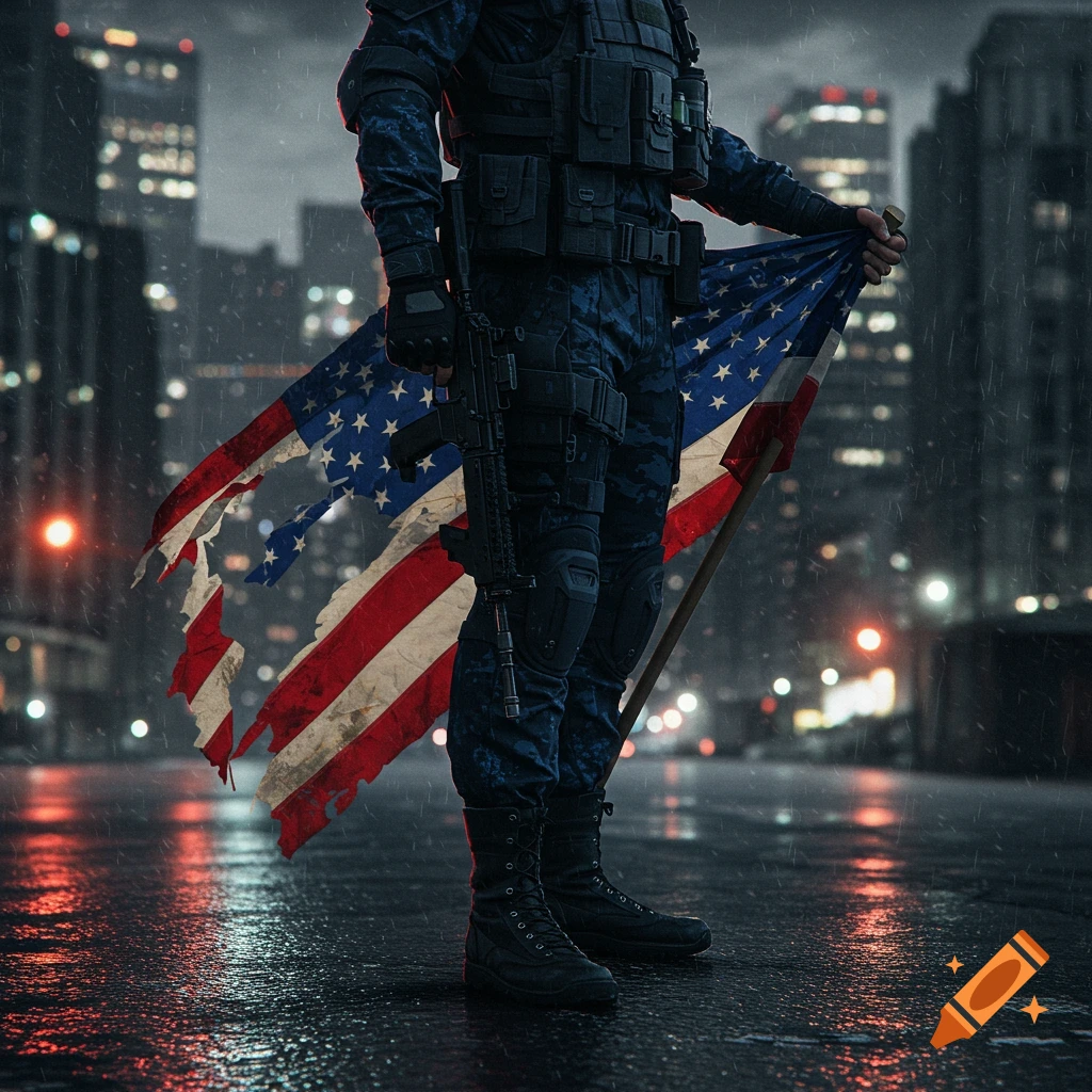 A person in tactical gear stands on a wet street holding a tattered American flag and a rifle in a rainy city, depicted in a photorealistic style.