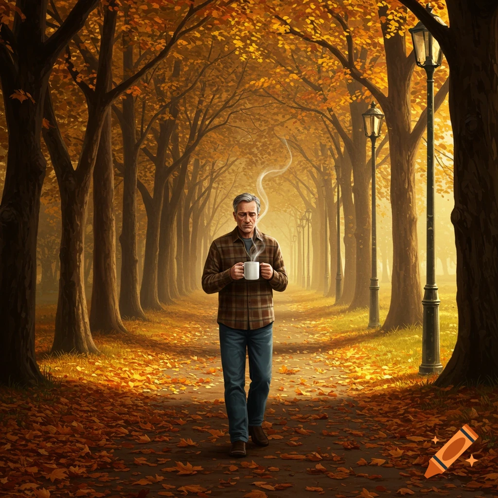 A man in a plaid shirt walks along an autumn path lined with trees, holding a steaming mug.
