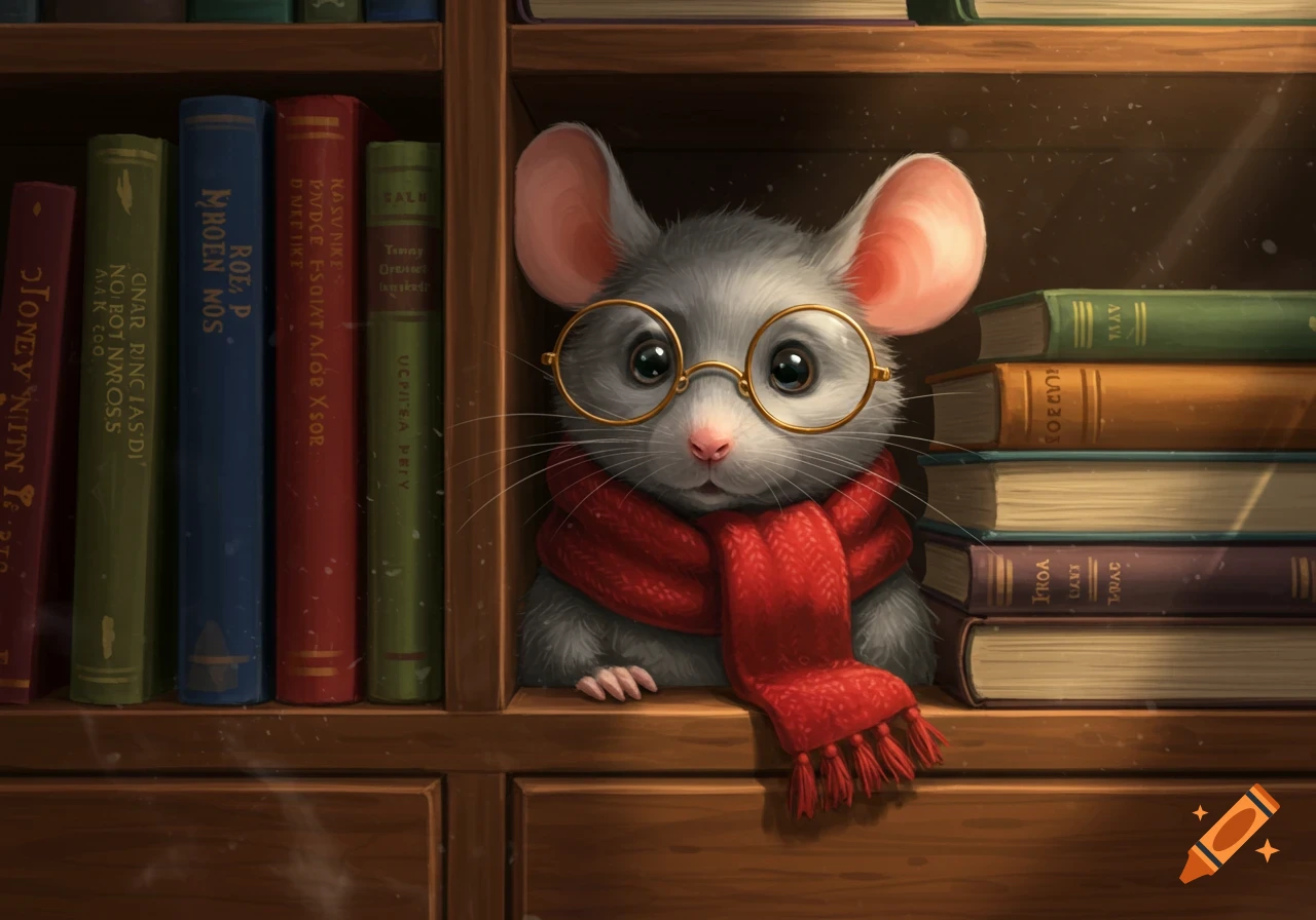A cute gray mouse wearing gold glasses and a red scarf peeks out from a bookshelf filled with various colored books, in a whimsical illustration style.