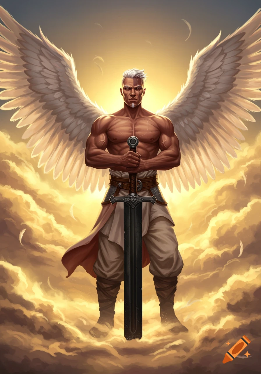 A muscular angel with white wings, white hair, and pale medieval clothes stands on golden clouds, holding a large black viking sword.