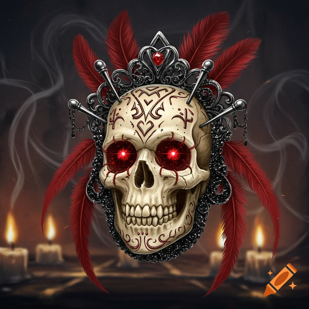 A stylized voodoo skull with glowing red eyes, decorated with intricate patterns, black filigree, and red feathers, with candles and smoke in the dark background.