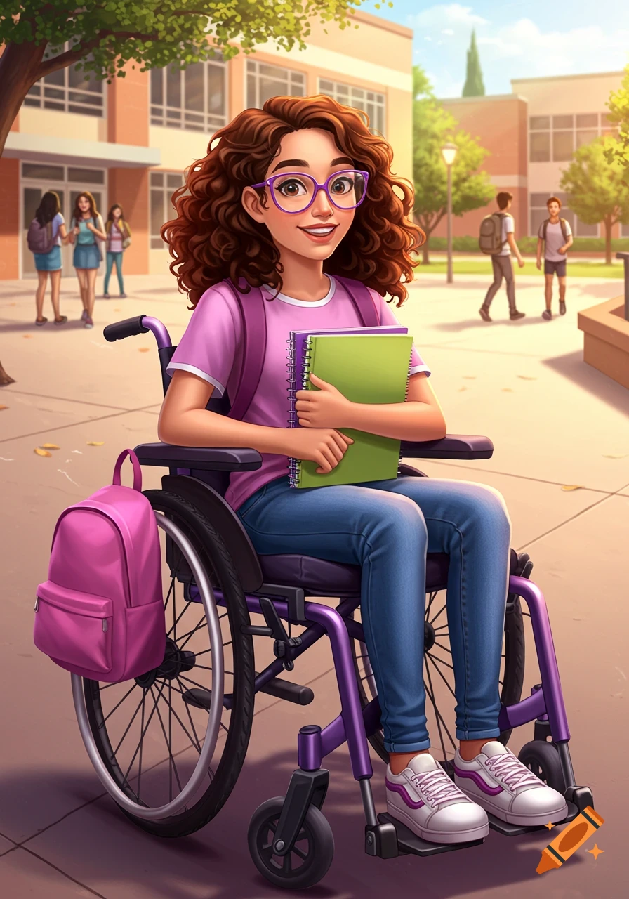 An illustration of a smiling young woman with curly hair and purple glasses in a wheelchair, holding notebooks with a pink backpack, on a school campus.