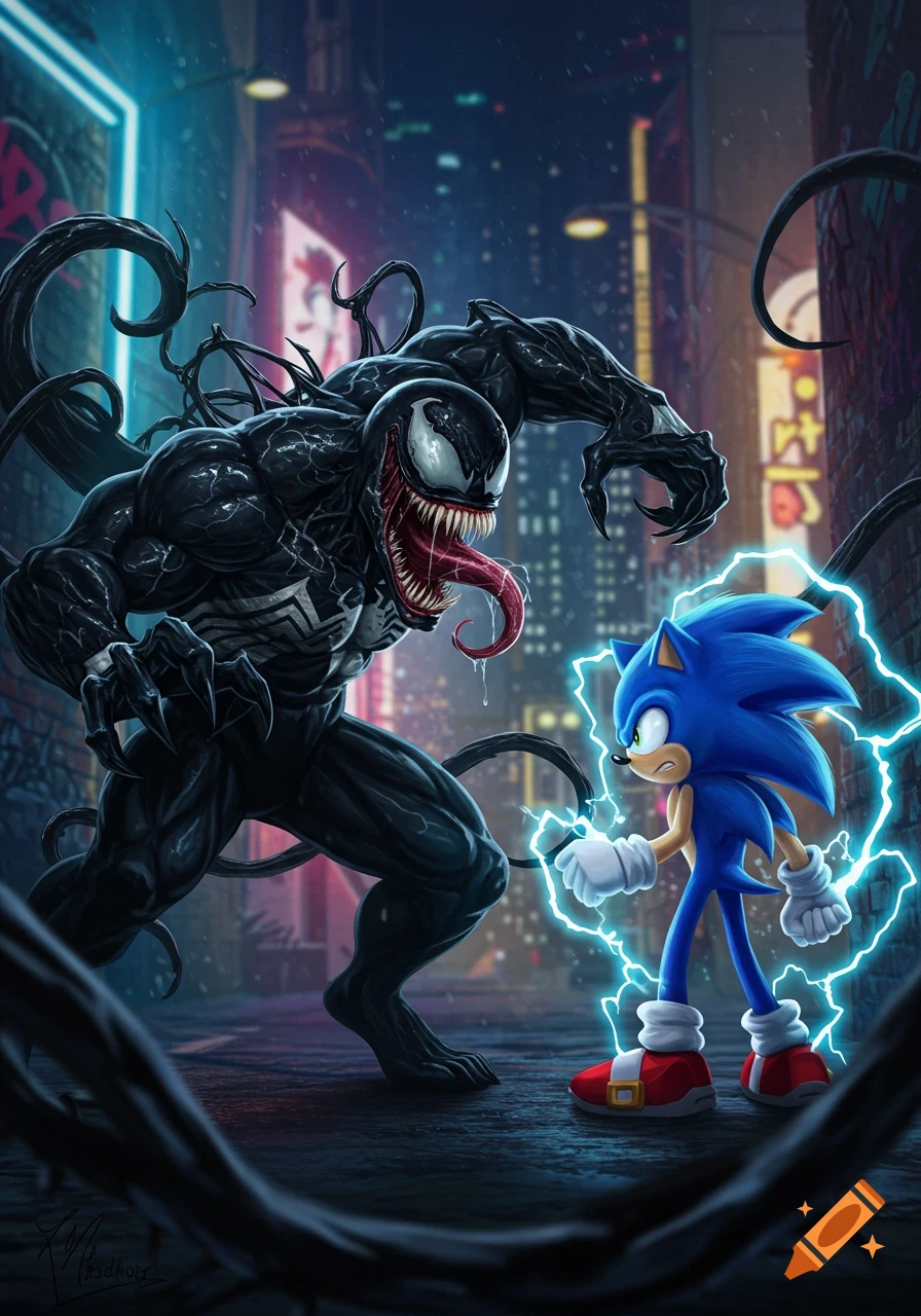Venom and Sonic confront each other in a dark, rainy city alley at night, with Sonic surrounded by blue electricity. Comic art style.