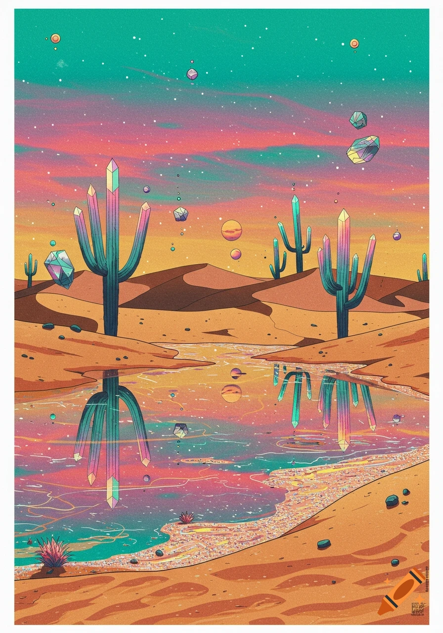 A vibrant, flat color style painting of a surreal desert with crystal cacti, floating geometric objects, and a reflective pool under a psychedelic sky.