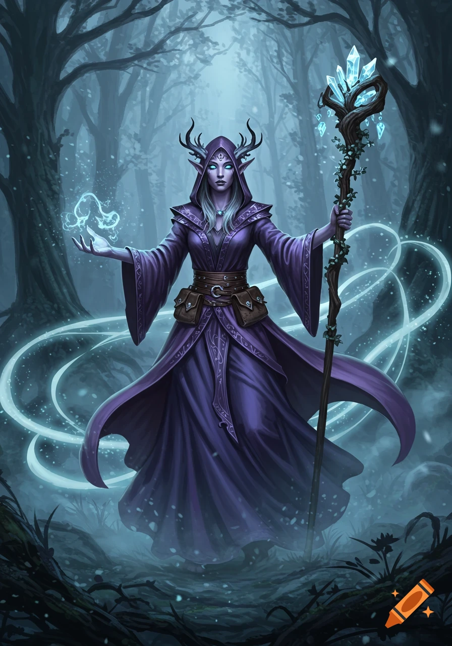 A mystical sorceress with glowing eyes and antlers, wearing a purple hooded robe, stands in a foggy forest, casting a spell.