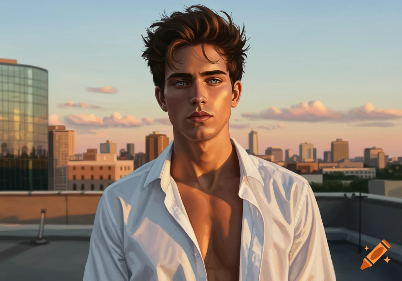 Illustrated portrait of a man with brown hair and blue eyes in an unbuttoned white shirt on a rooftop at sunset, city skyline in background.