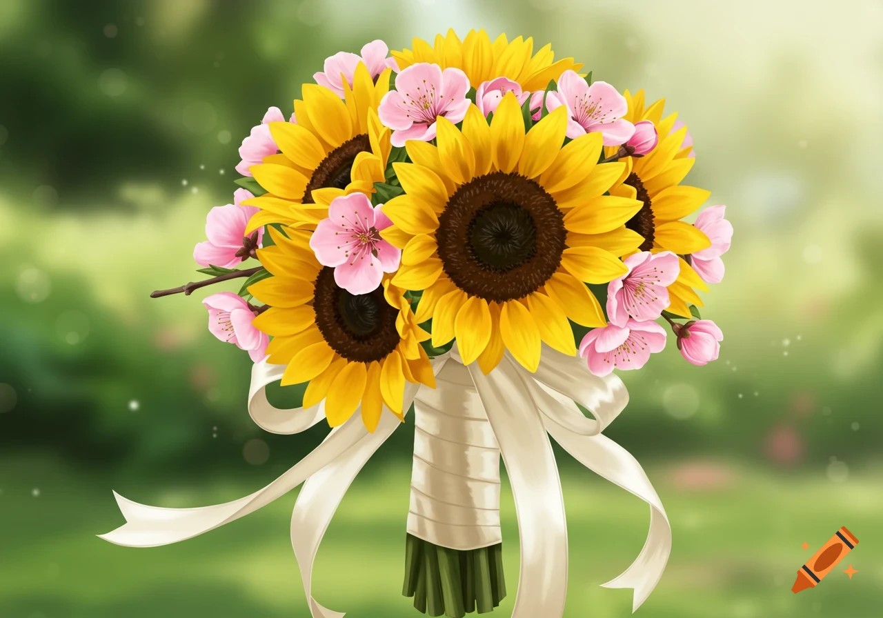 Digital painting of a wedding bouquet with yellow sunflowers and pink cherry blossoms tied with a cream ribbon.