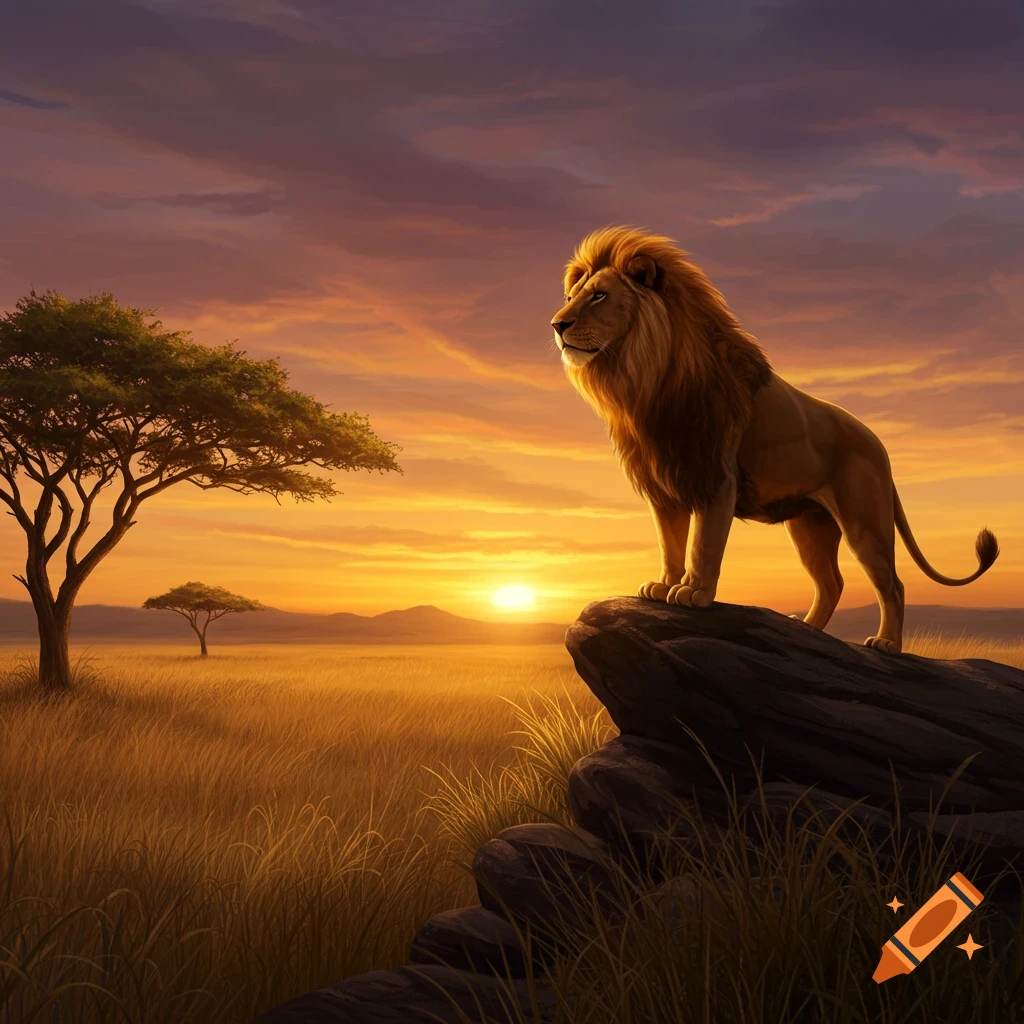 A majestic lion stands on a rock silhouetted by a vibrant orange and purple sunset over a grassy savanna.
