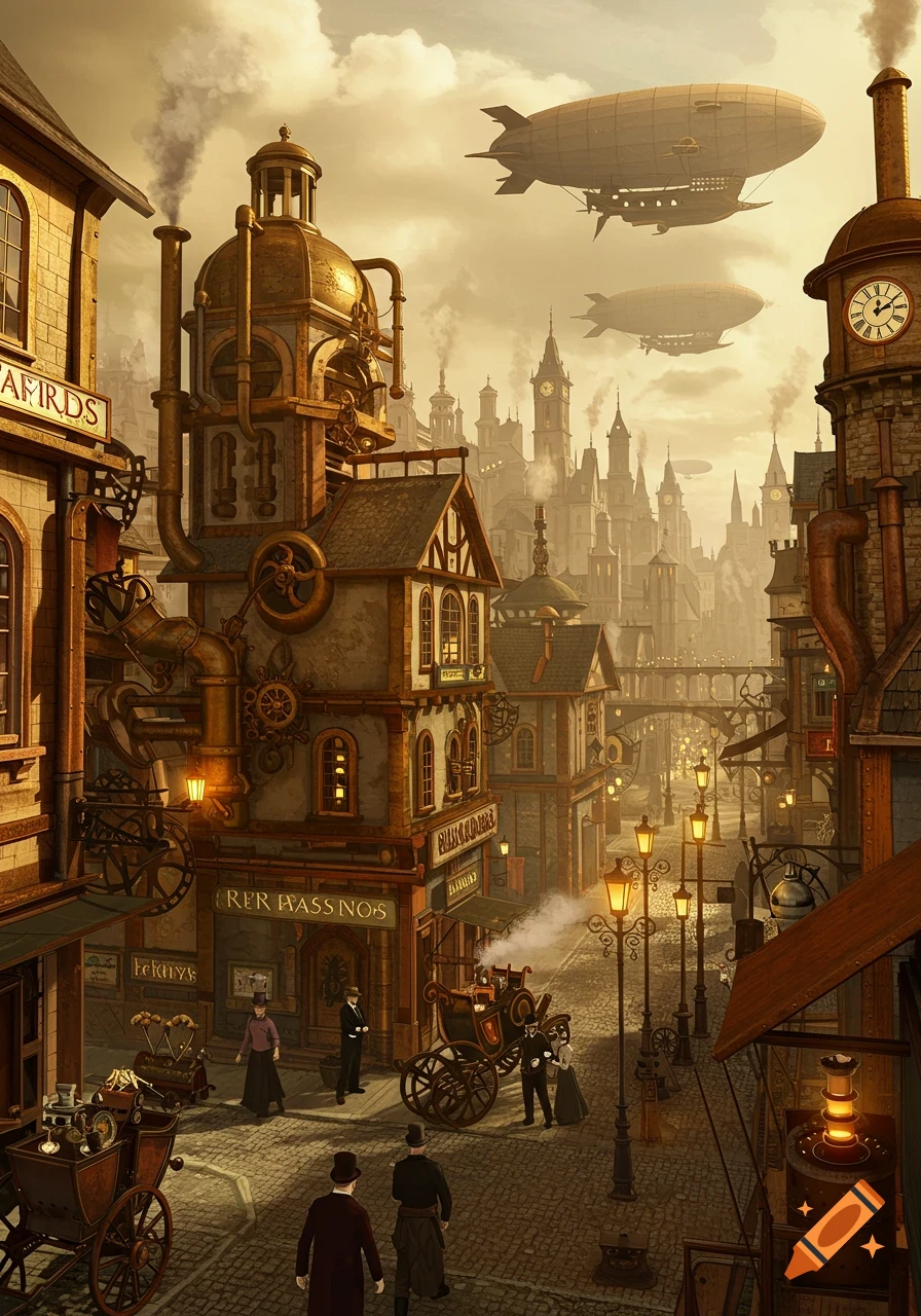 A detailed illustration of a bustling steampunk city with towering clockwork buildings, airships in the sky, and horse-drawn carriages on cobbled streets.