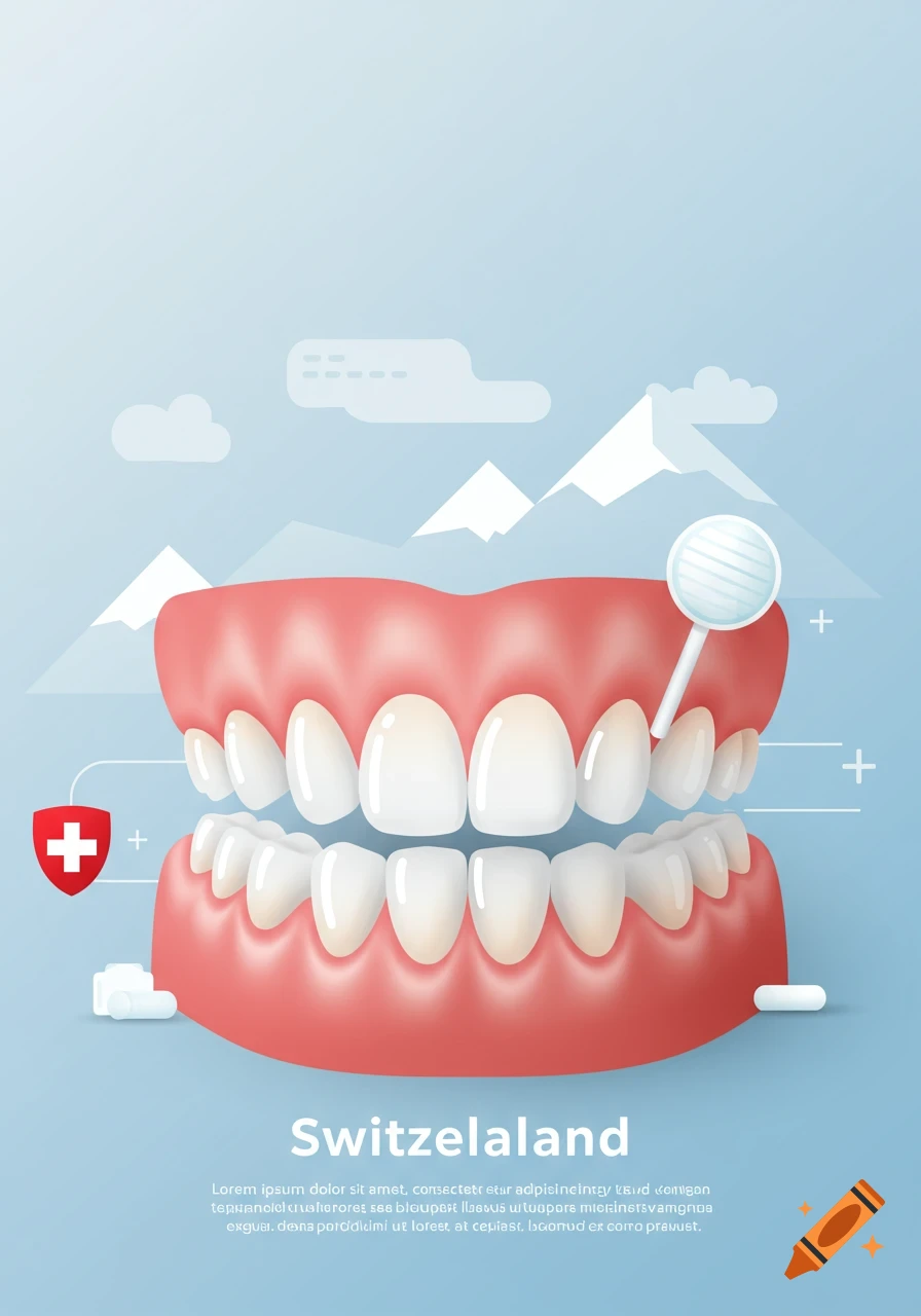 A stylized illustration of human teeth and gums against a light blue background with snowy mountains and clouds, featuring a Swiss cross and a dental mirror.