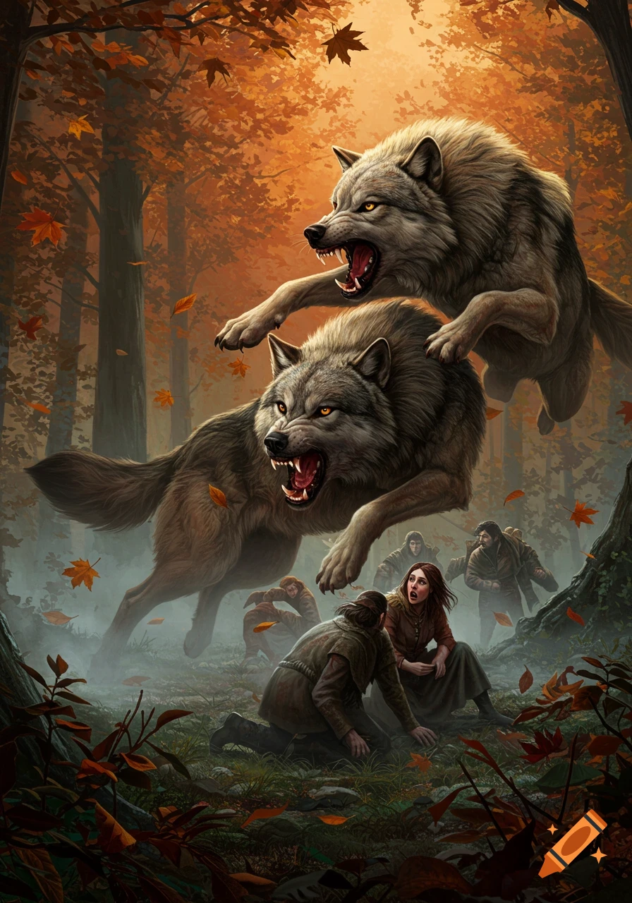 Two snarling wolves leap towards terrified people in a misty autumn forest, rendered in a dramatic fantasy art style.