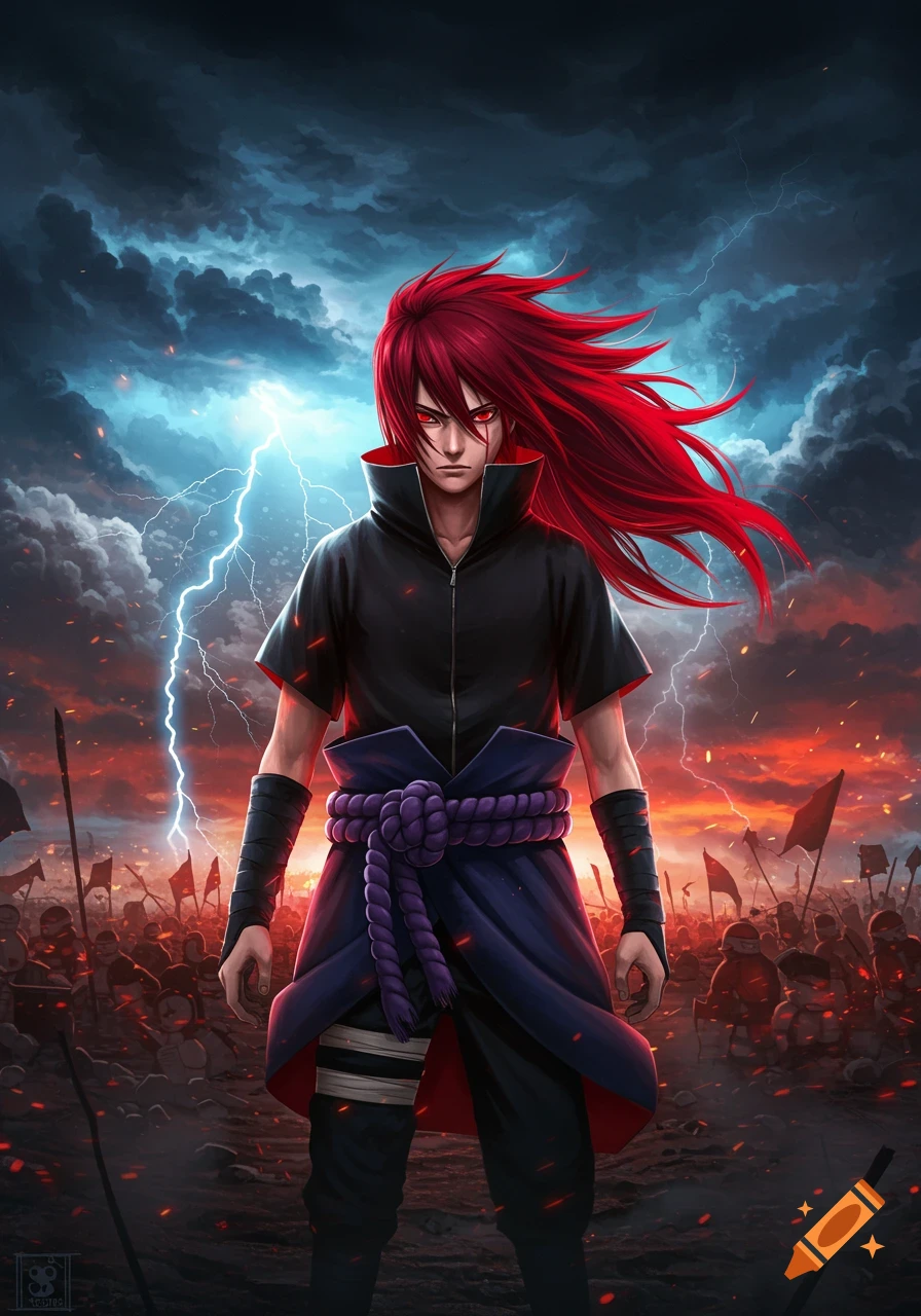 An anime character with long red hair, red eyes, and a black outfit stands with a purple rope belt against a stormy sky with lightning and a battlefield background.