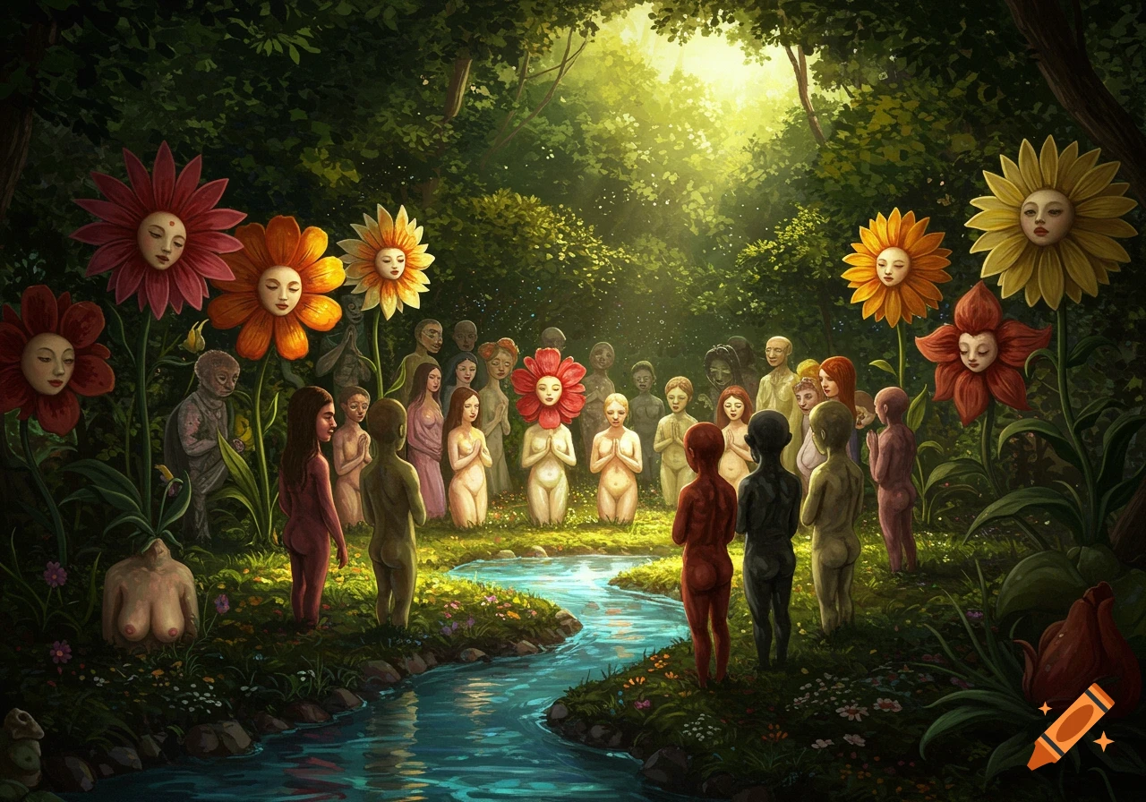 A surreal painting of a clearing in a lush forest where nude and partially nude figures and flower-headed creatures gather around a blue stream, bathed in sunlight.