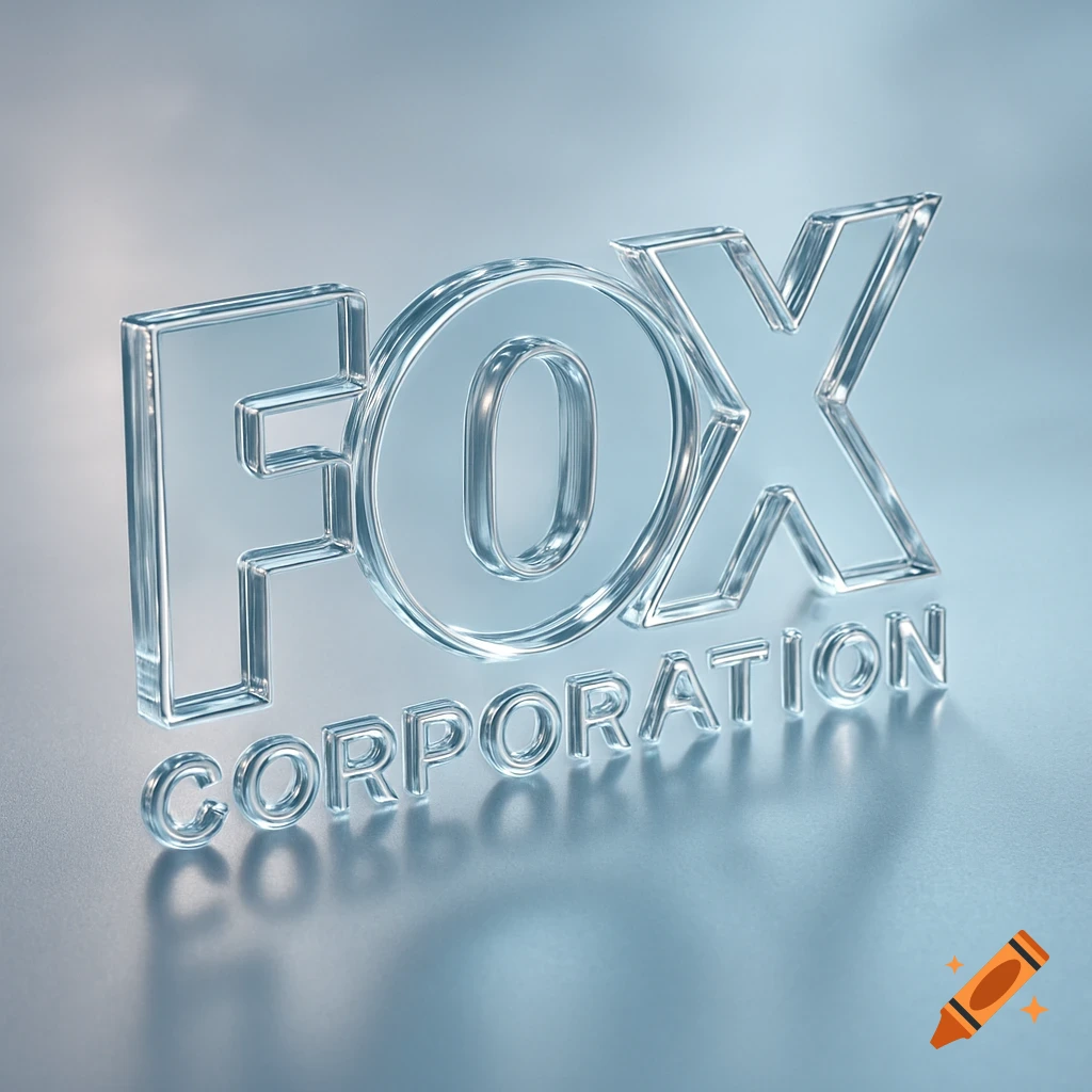 A 3D render of the FOX Corporation logo in clear, glossy glass on a light blue-grey reflective surface.
