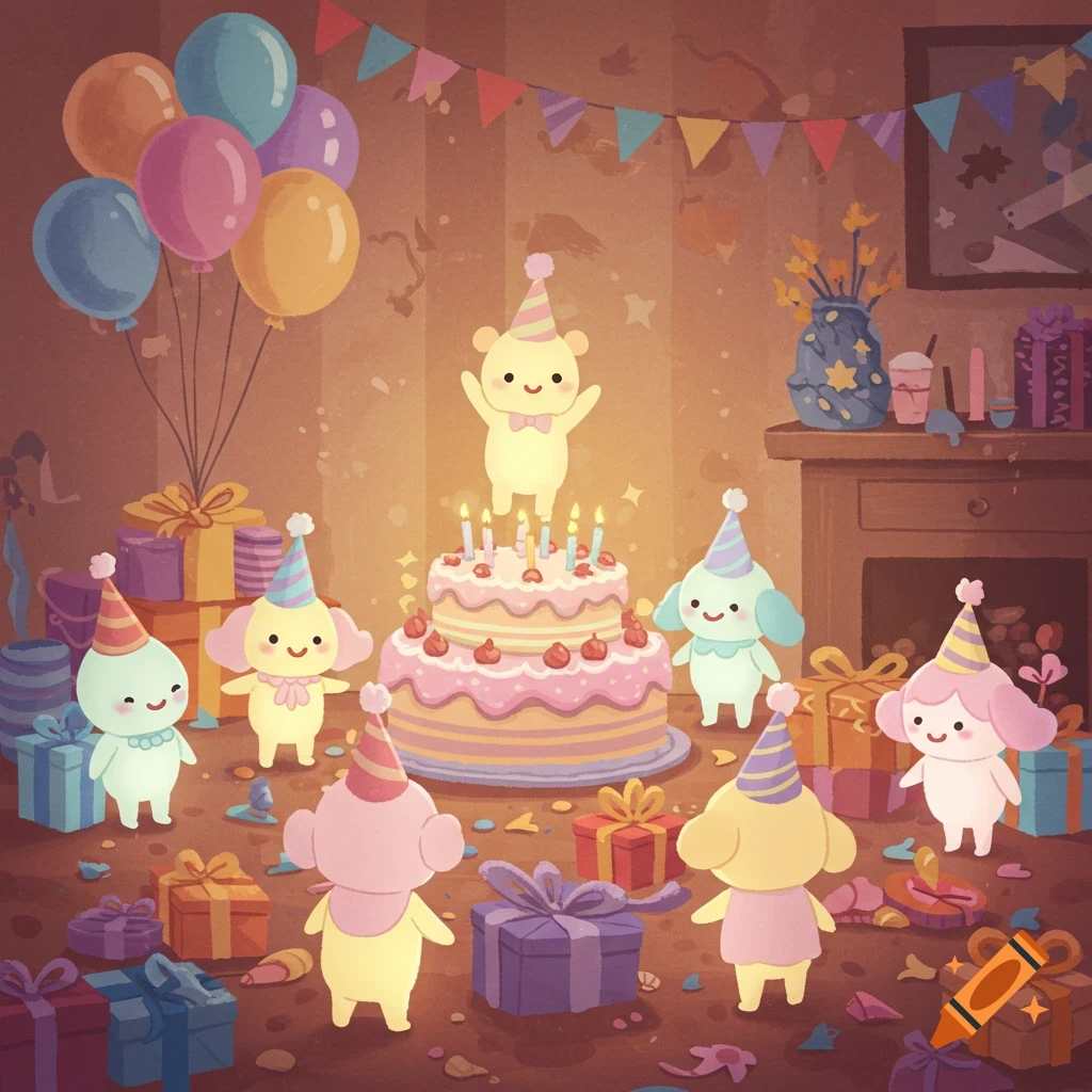 Cute cartoon figures celebrate a birthday with a large cake, lit candles, balloons, and many gifts in a decorated room.