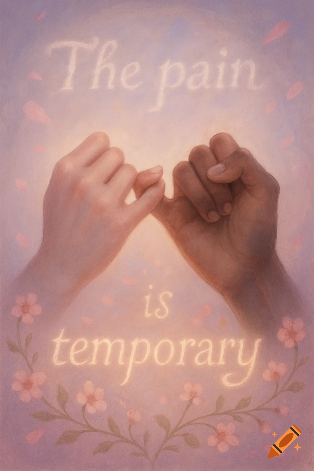 Two hands, one light-skinned and one dark-skinned, make a pinky promise. Above them, text reads 'The pain' and below them 'is temporary', surrounded by faint pink flowers on a pastel background.