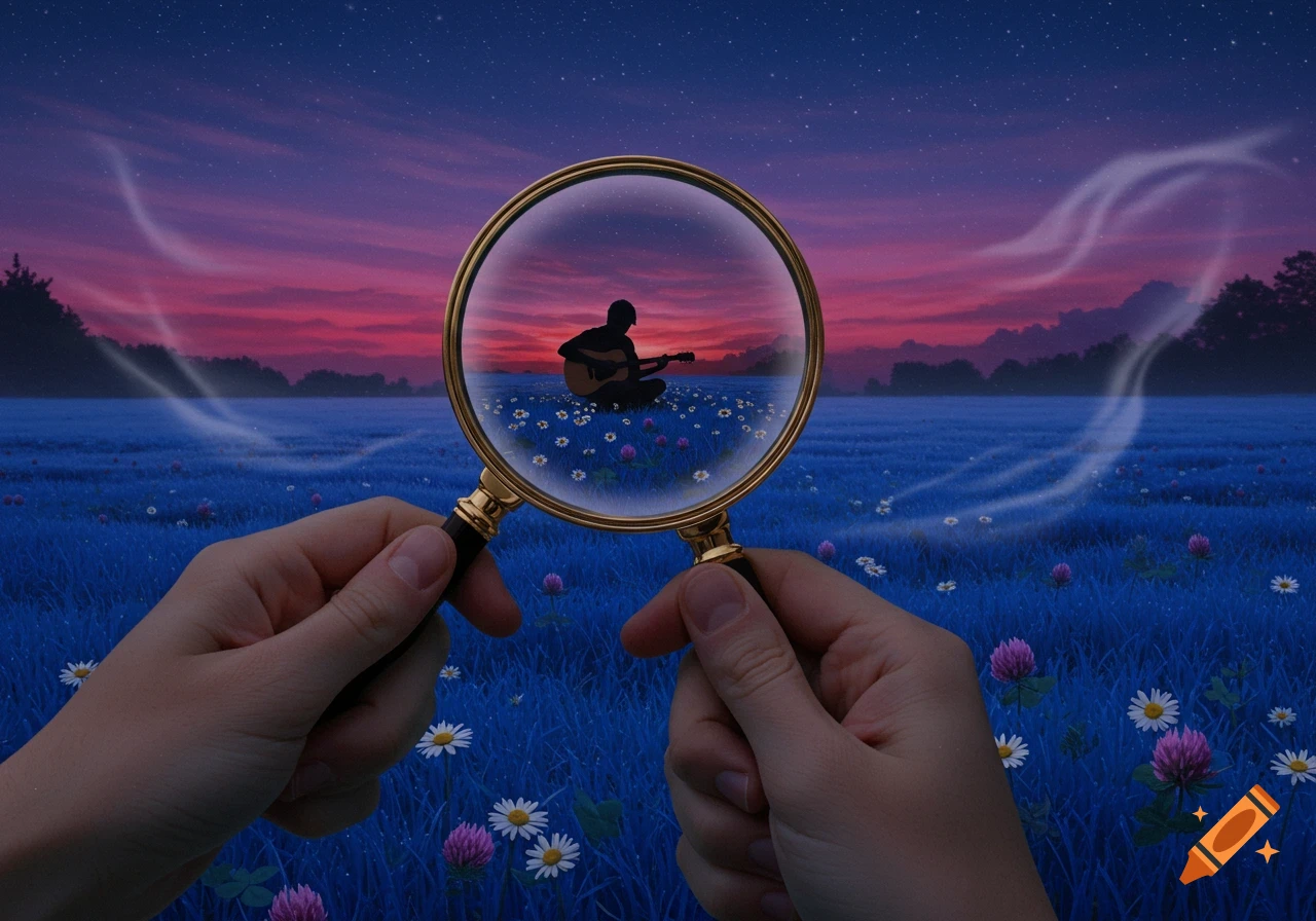 Hands hold a magnifying glass over a blue field with purple sky, revealing a silhouetted person playing guitar within the lens.
