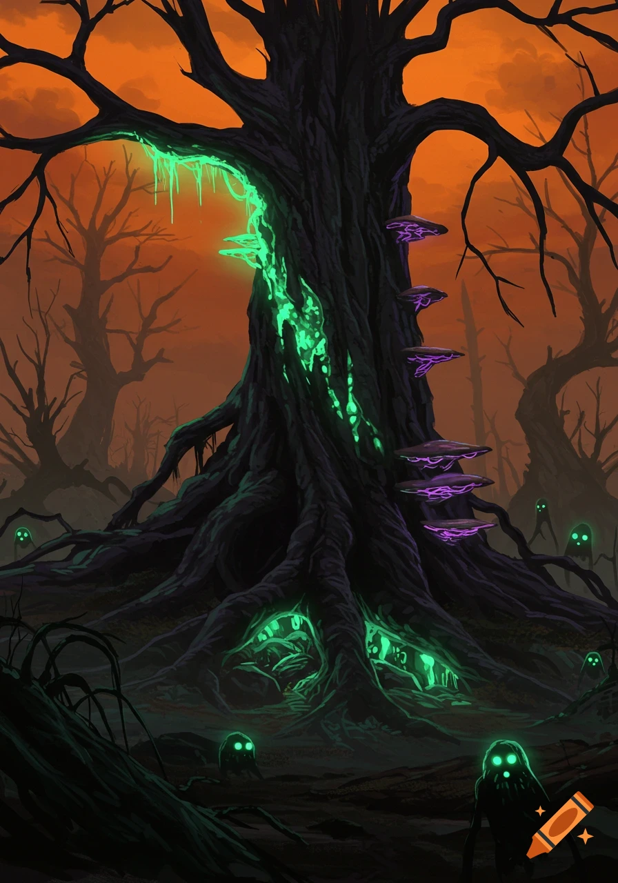 A dark, spooky forest with a large, gnarled tree glowing with green slime, purple fungi, and glowing-eyed creatures.