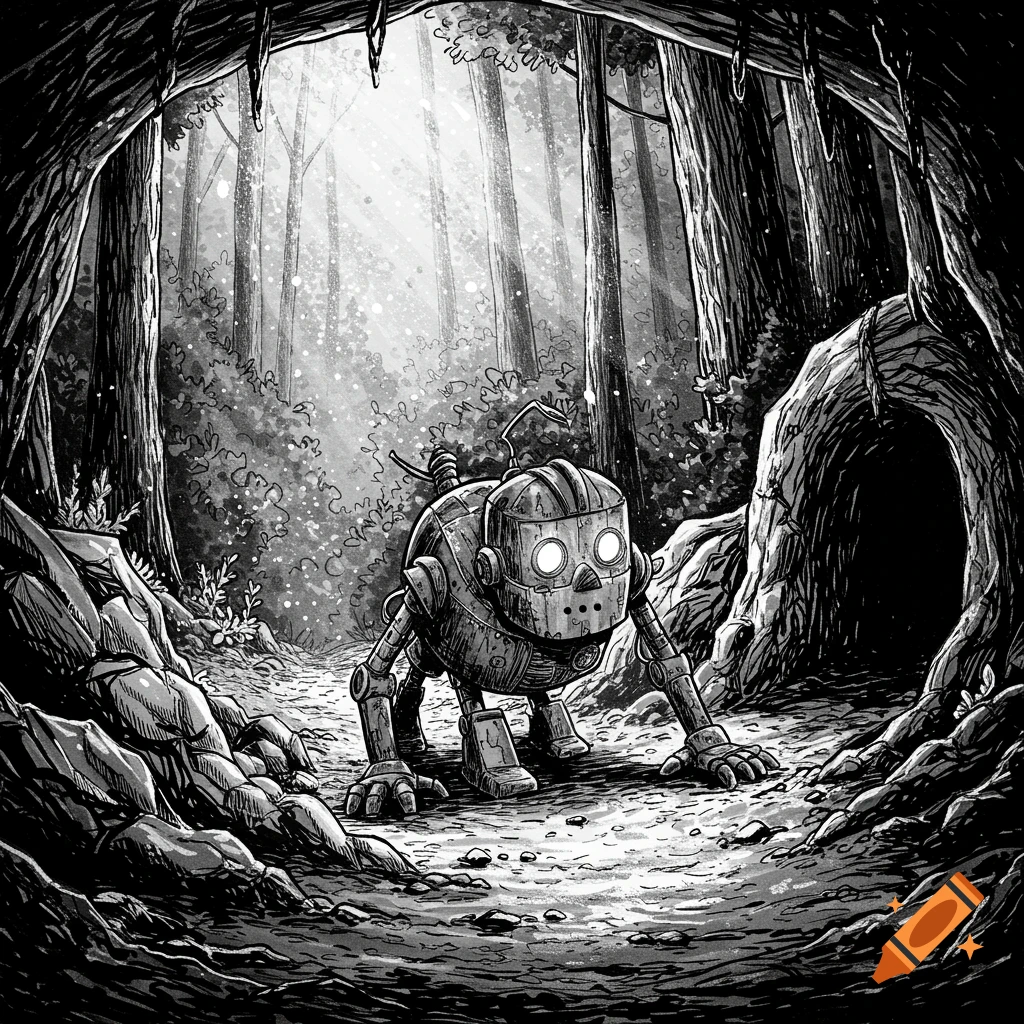 A black and white illustration of a rusty, worn robot crawling from a dark cave into a sunlit, mysterious forest with detailed linework.
