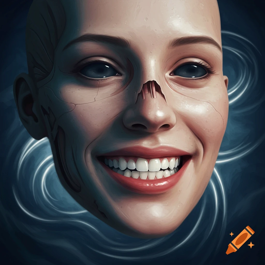Close-up of a smiling human face with skin partially removed, revealing anatomical structures and dark eyes, against a dark blue background with glowing lines.
