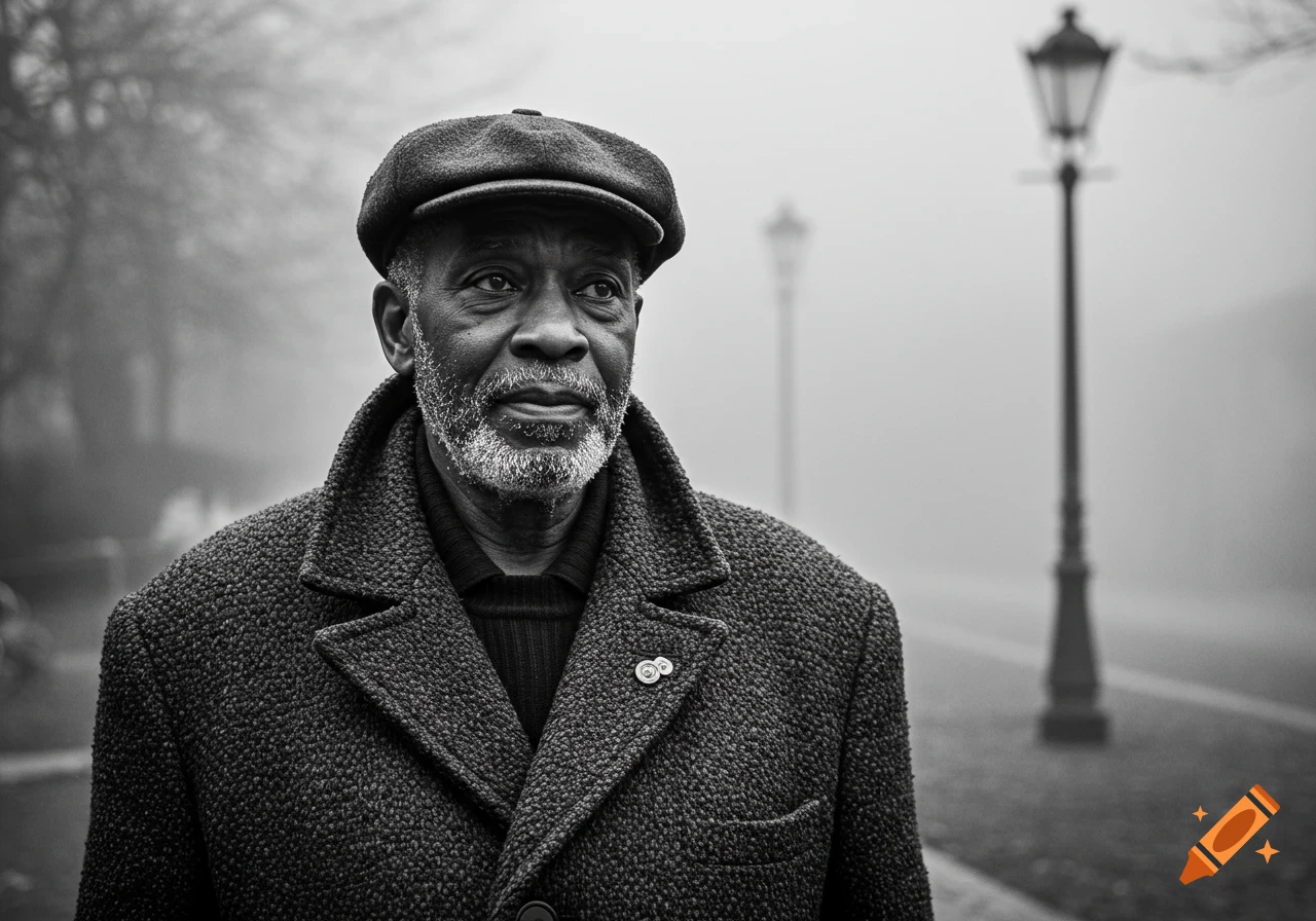 Black and white photorealistic portrait of an elderly man in a flat cap and coat, looking thoughtfully into a foggy distance.