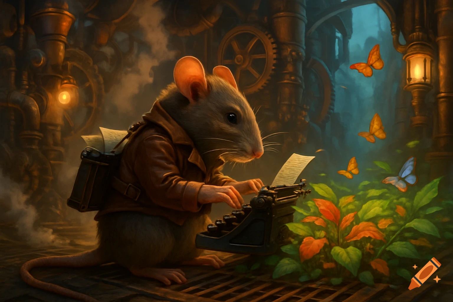 A brown rat in a leather jacket types on a portable typewriter amidst a vibrant steampunk industrial landscape with gears, pipes, and luminous butterflies.