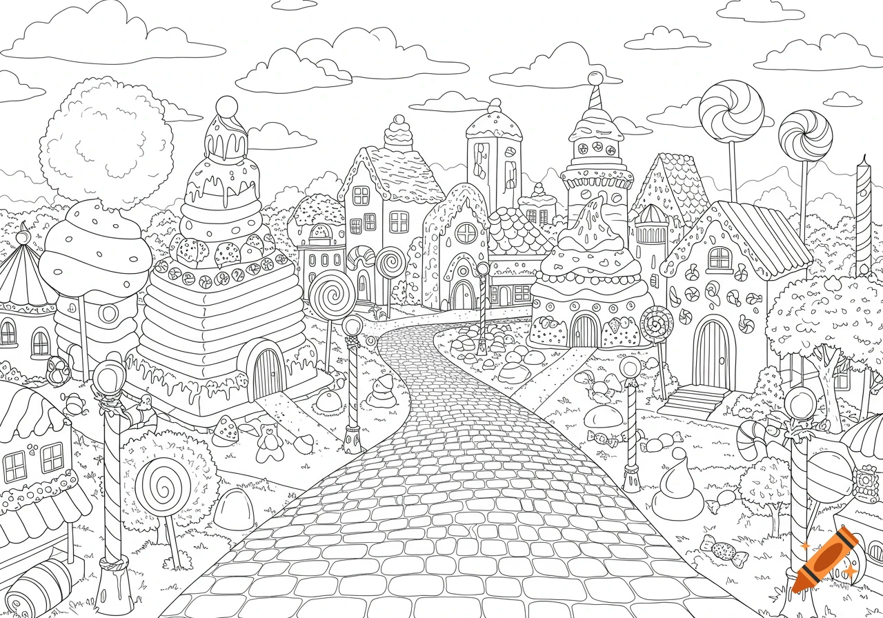 Black and white line drawing of a whimsical candy city with houses, lollipops, and a brick path, suitable for a coloring book.