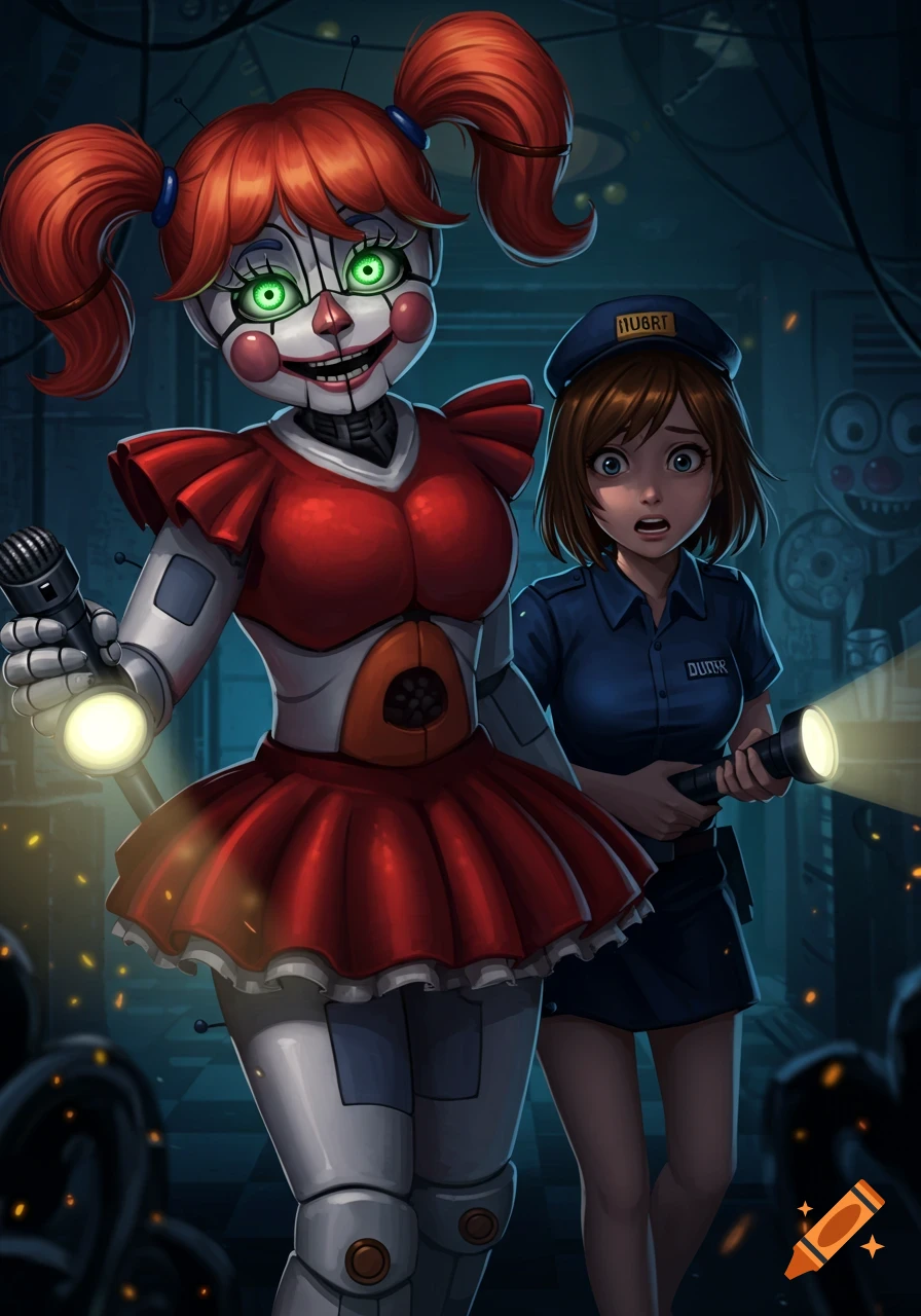 Circus Baby from FNAF, with glowing green eyes, stands behind a scared night guard anime girl holding a flashlight in a dark room.