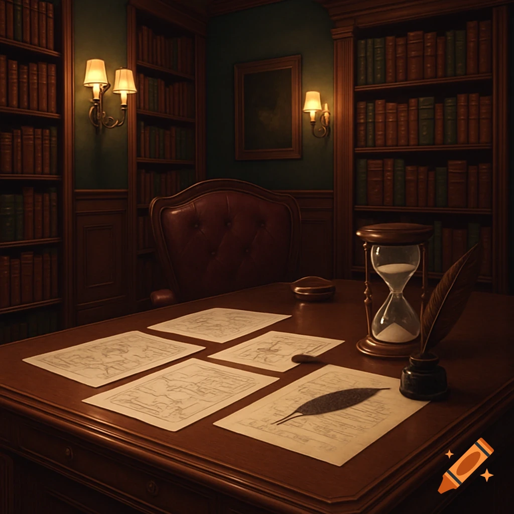 A dimly lit, traditional study with dark wood bookshelves, a leather armchair, and a desk with an hourglass, quill, inkwell, and papers.