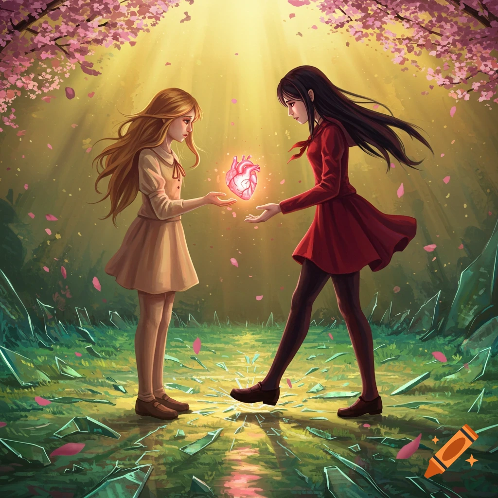 Two anime-style girls in a stylized outdoor scene. A blonde girl offers a glowing pink heart to a dark-haired girl, standing on ground scattered with broken glass under a flowering tree.