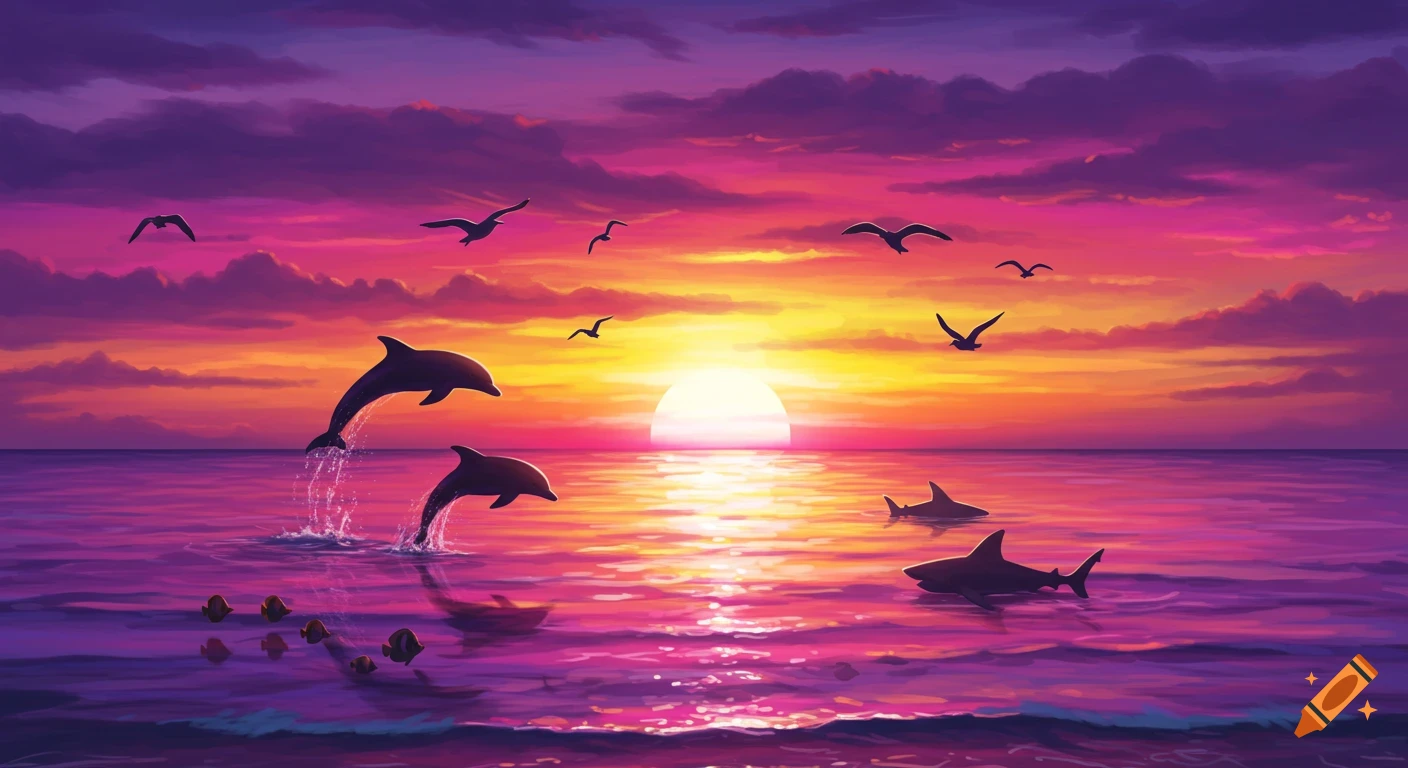 Retro 80s digital art of dolphins jumping in a vibrant purple and orange ocean sunset with birds and sharks.