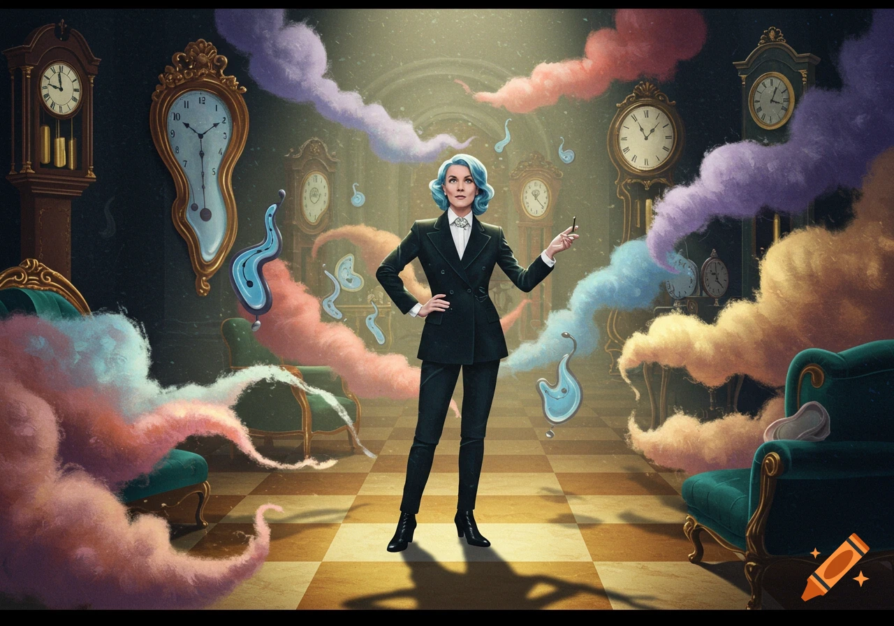 A woman with teal hair in a suit stands in a surreal room with melting clocks and colorful swirling smoke.
