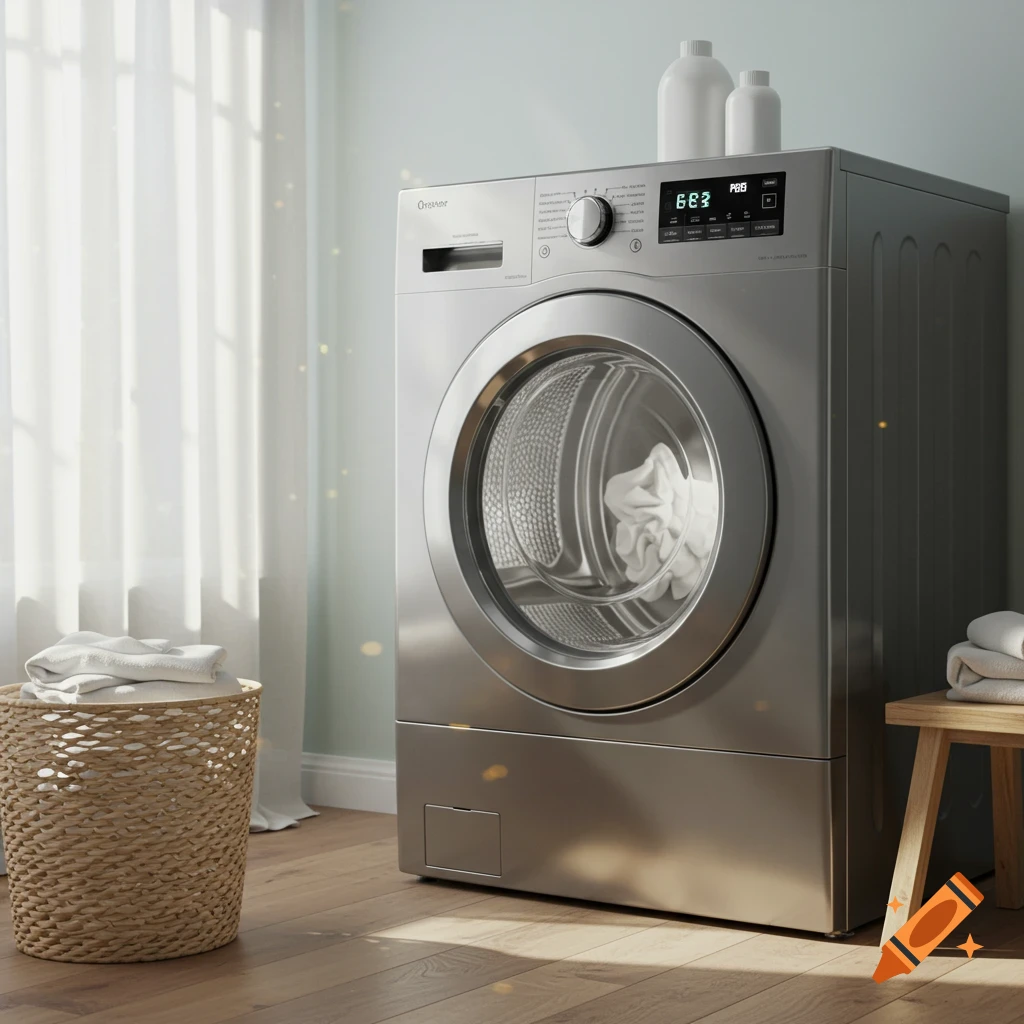 A photorealistic image of a silver washing machine in a sunlit laundry room, with a wicker basket of clothes next to it.