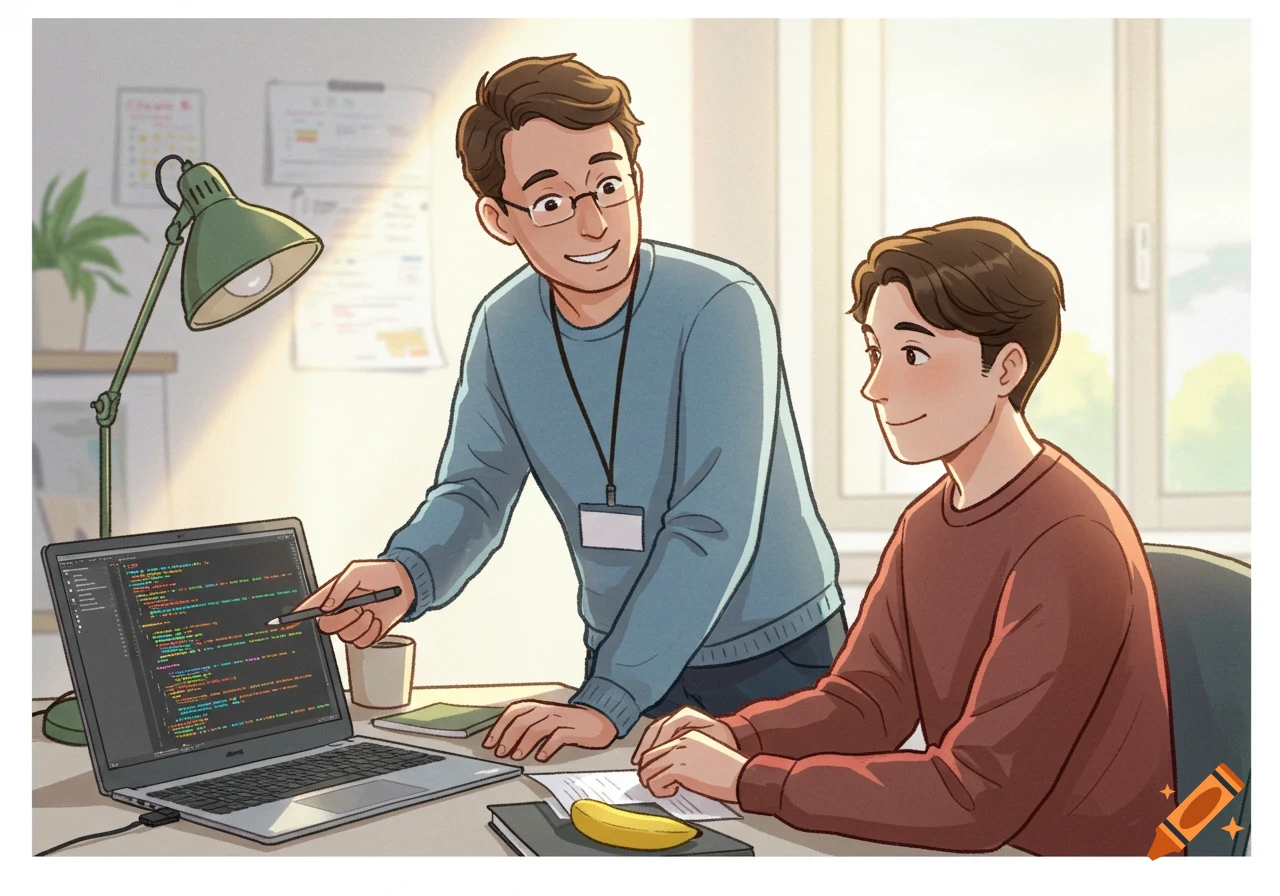 A cheerful illustration of a man with glasses pointing at code on a laptop screen while teaching another man sitting at a desk with a banana.