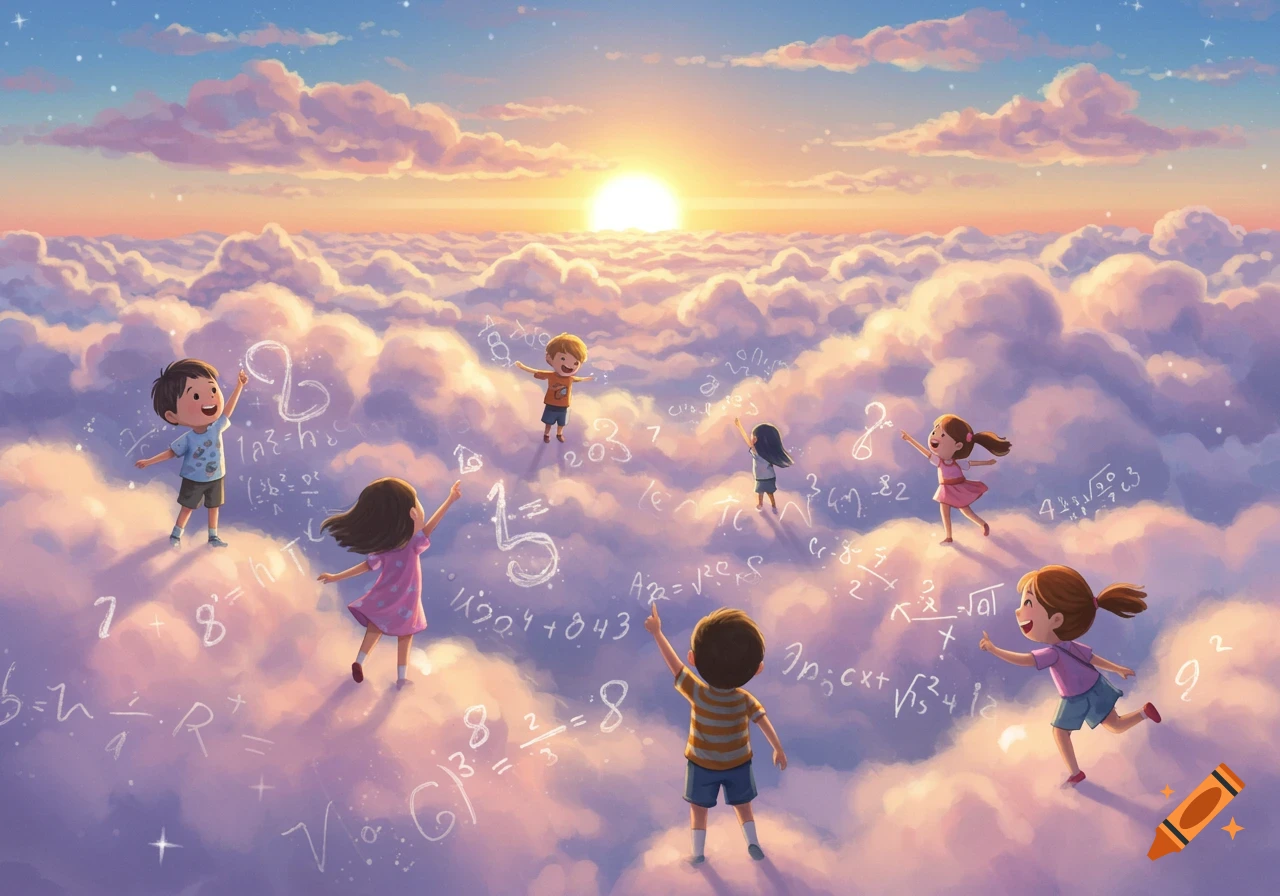 Children joyfully interact with floating mathematical equations and numbers above clouds at sunset in a whimsical, painterly style.